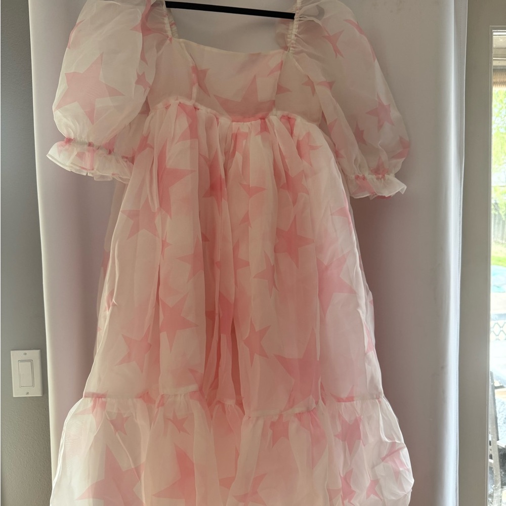 Selkie Pink Star Puff-Sleeve Midi Dress
